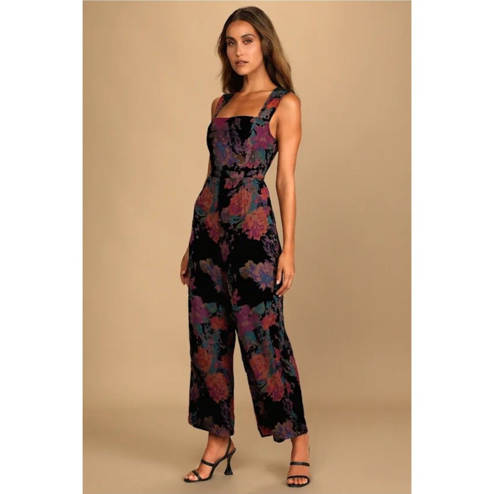 Lulus Moody Vibes Black Velvet Burnout Floral Wide Leg Jumpsuit Sz M Boho Grunge